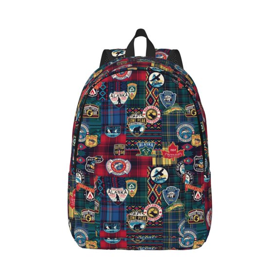 Rateoe Adventure Camping Badge Pattern Canvas College Laptop Backpack,Travel Daypack,Durable Rucksack Travel Notebook Bag School Backpack Book Bag for Men Women-Small