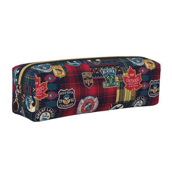 Rateoe Adventure Camping Badge Print Leather Pencil Case with Smooth Zipper, Compact Storage for Writing Tools & Art Supplies, 8.26" x 1.96" x 2.16"