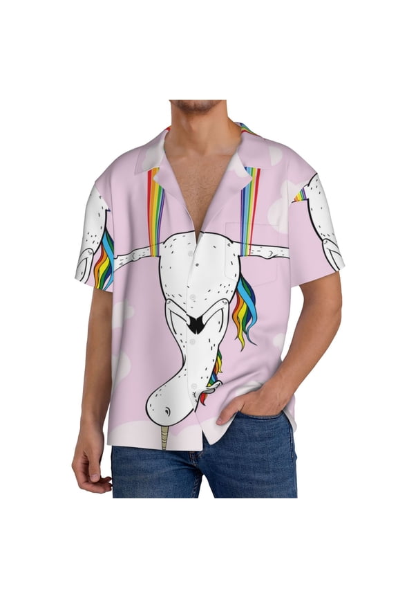 Aerial Yoga for Unicorn Pattern Men's Short Sleeve Classic Shirt, Casual Short-Sleeved Shirt, Lightweight Summer Shirt, Cuban Collar Shirt,Button-Front Shirt-Medium