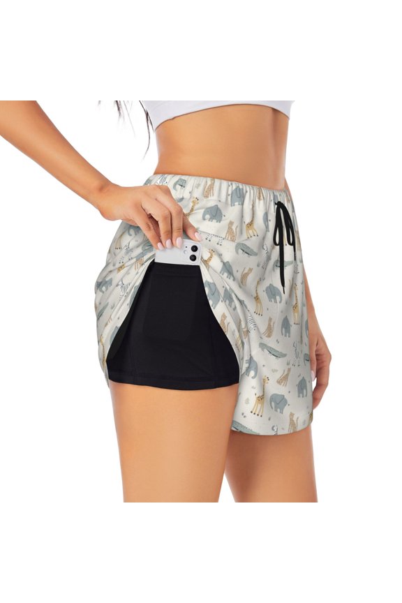 African Animals Printed 2 in 1 Women's Workout Shorts for Athletic Gym Running Shorts with Phone Pockets-