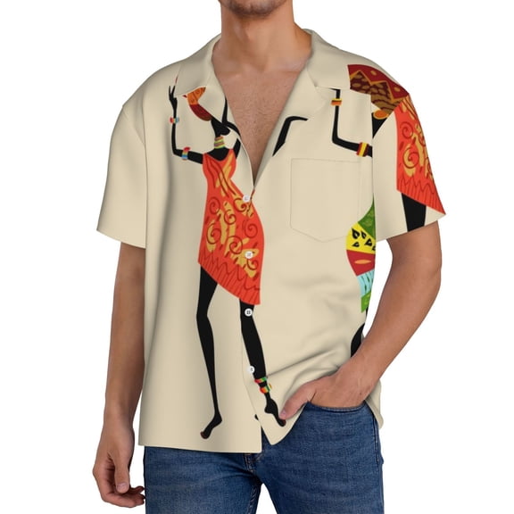 Rateoe African Women Pattern Men's Short Sleeve Classic Shirt, Casual Short-Sleeved Shirt, Lightweight Summer Shirt, Cuban Collar Shirt,Button-Front Shirt-3X-Large