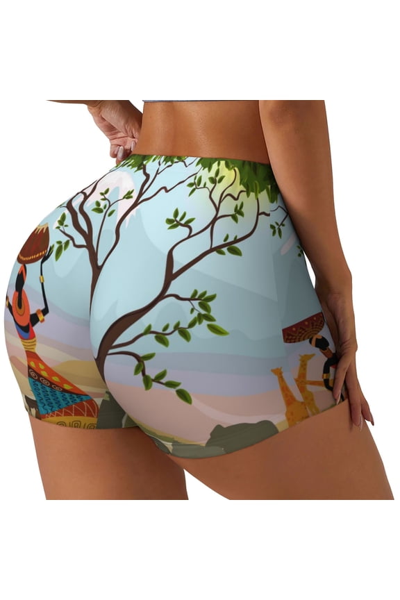 African Women Printed Power Workout Shorts for Women Tummy Control Squat Proof Ribbed Thick Seamless Scrunch Active Short-Medium