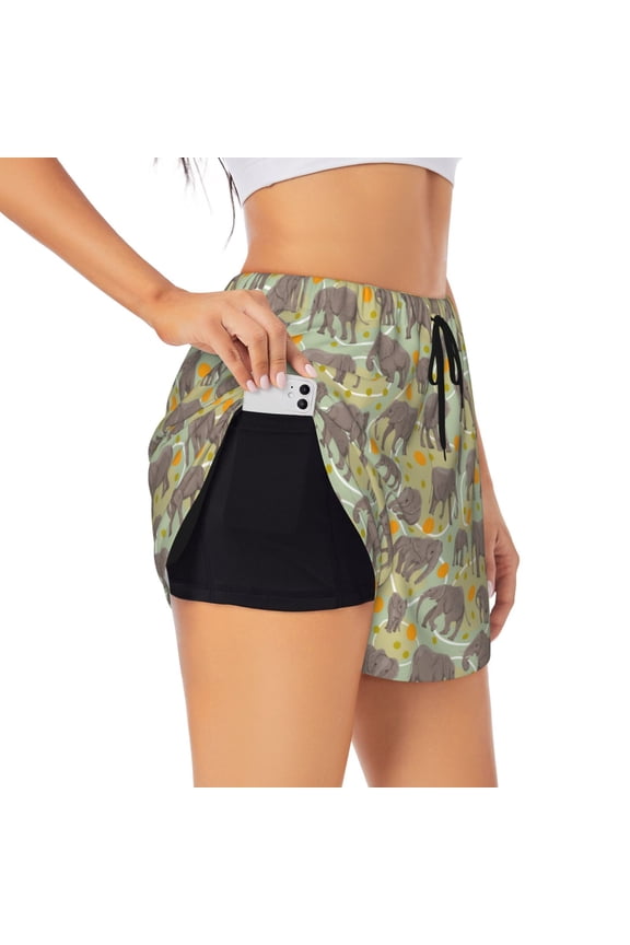 African bush elephant Printed 2 in 1 Women's Workout Shorts for Athletic Gym Running Shorts with Phone Pockets-Small