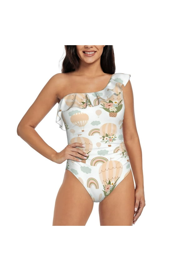 Air Balloon and Flower Pattern Women One Piece Swimsuits Tummy Control One Shoulder Bathing Suits Ruffle Swimwear-Large