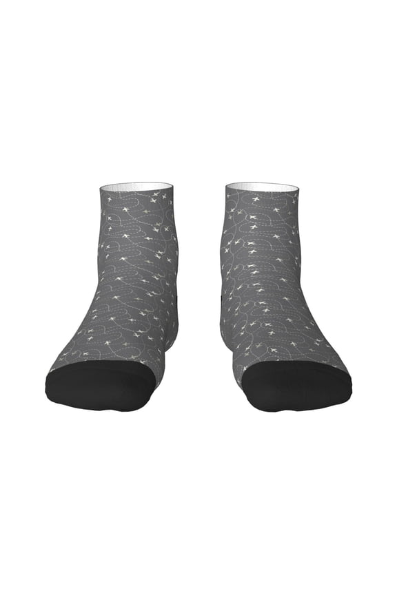 Airplane Routes Around The World Pattern Quarter Crew Socks,Toe Seamed Ankle Socks,Cotton Cushioned Breathable Athletic Crew Sports Socks