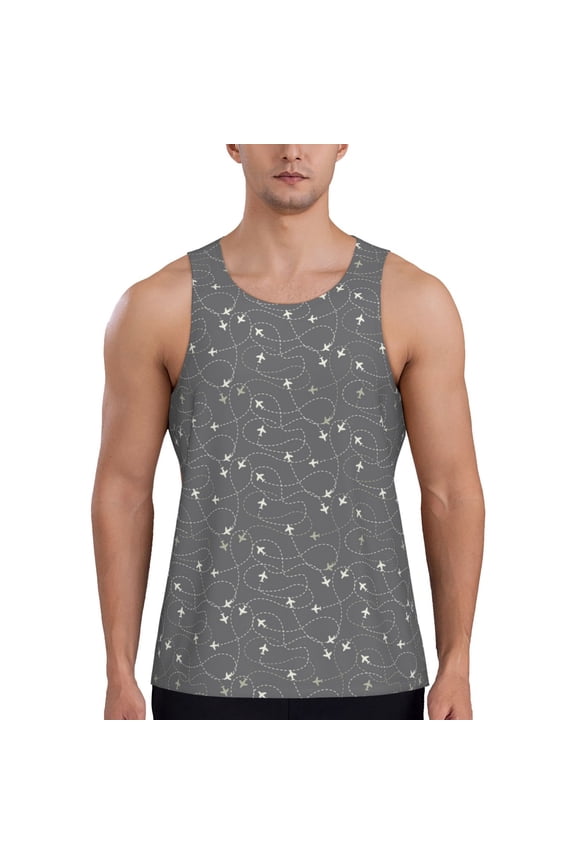 Airplane Routes Around The World Pattern Sleeveless Gym Shirt Muscle Tee Breathable Workout Shirt Slim-Fit Tank Quick Dry Fit Muscle Tank Top Bodybuilding Sleeveless T Shirt-