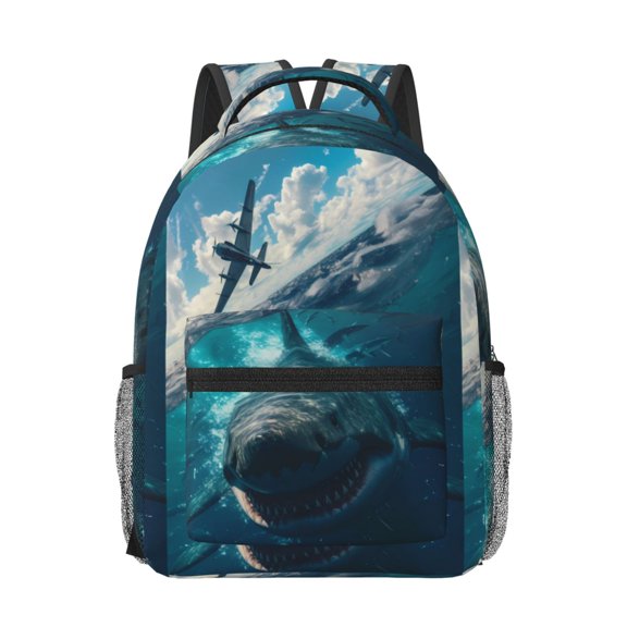 Rateoe Airplane Shark Pattern Durable Student Backpack Laptop Bag- Ergonomic Design, Waterproof Twill Fabric - Ideal for School, Travel, and Outdoor Activities