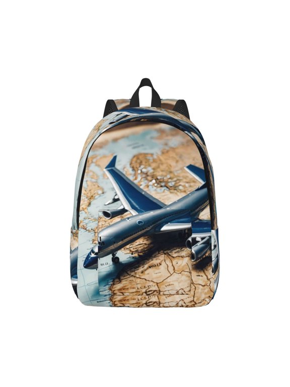 Airplane World Map Adventure Pattern Canvas College Laptop Backpack,Travel Daypack,Durable Rucksack Travel Notebook Bag School Backpack Book Bag for Men Women-Small