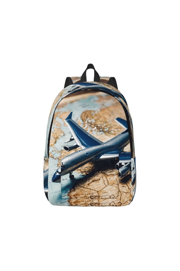 Airplane World Map Adventure Pattern Canvas College Laptop Backpack,Travel Daypack,Durable Rucksack Travel Notebook Bag School Backpack Book Bag for Men Women-Small