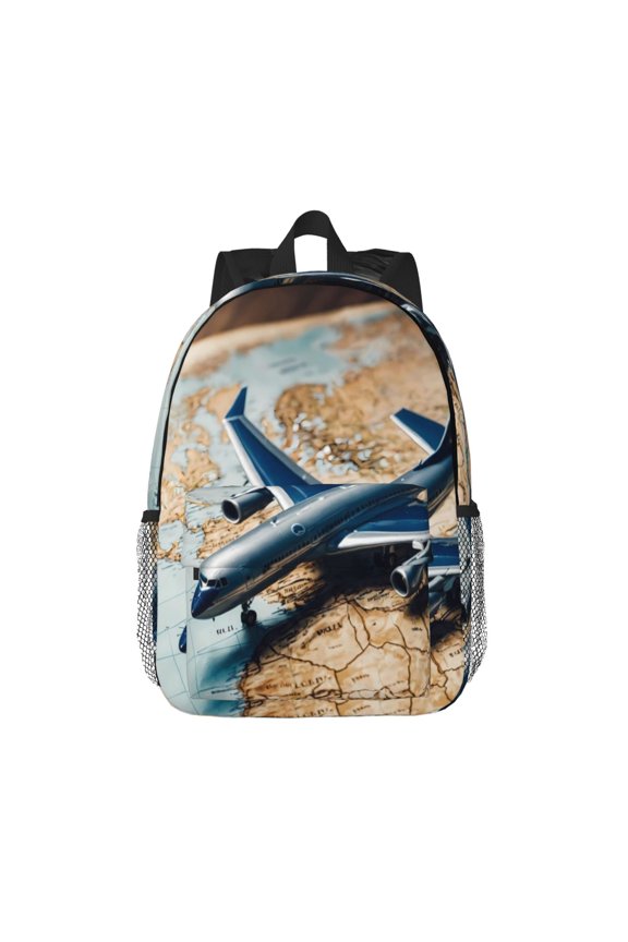 Airplane World Map Adventure Pattern Student Backpack Water-resistant Backpack 15-inch Laptop Backpack Lightweight Adjustable School Backpack