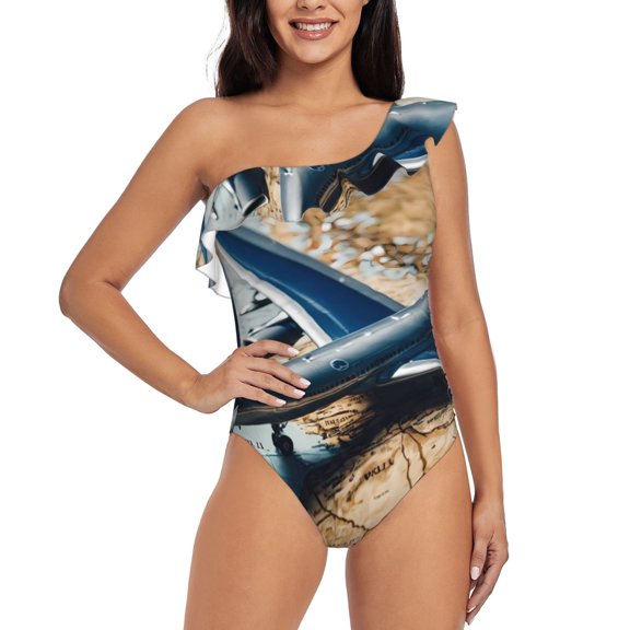 Rateoe Airplane World Map Adventure Pattern Women One Piece Swimsuits Tummy Control One Shoulder Bathing Suits Ruffle Swimwear-