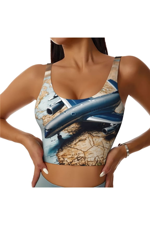 Airplane World Map Adventure Print Womens' Sports Bras Scoop Neck Sports Vest- Padded U Back Seamless High Impact Support-Large