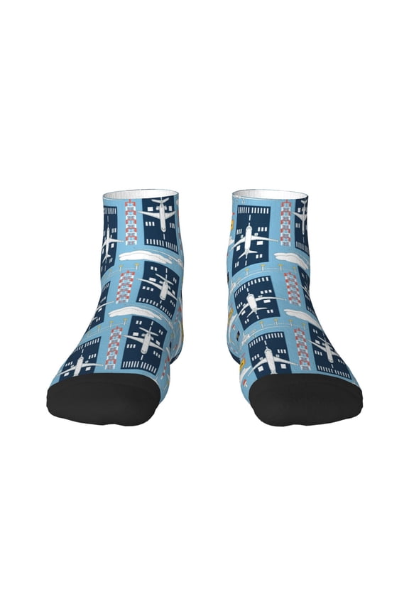 Airplanes and Aviation Signs Pattern Quarter Crew Socks,Toe Seamed Ankle Socks,Cotton Cushioned Breathable Athletic Crew Sports Socks