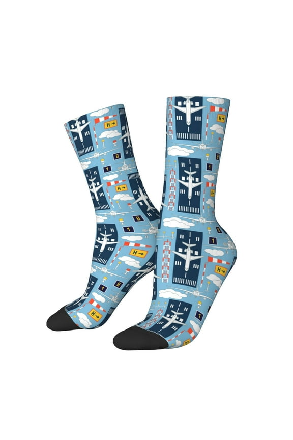 Airplanes and Aviation Signs for Women Casual Calf Socks - Cute Crew Socks - Thin Soft Above Ankle Socks Size 5-11