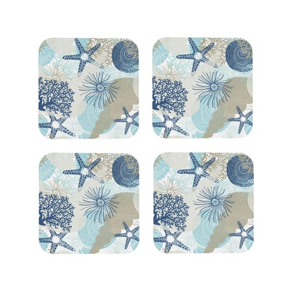 Rateoe Algae Corals and Seashells Drawing Drink Coasters Set of 4 Leather Coasters Spill Protection for Table Desk,Durable and Non Slip Leather Coaster ,4 Inches Drink Mats-Square