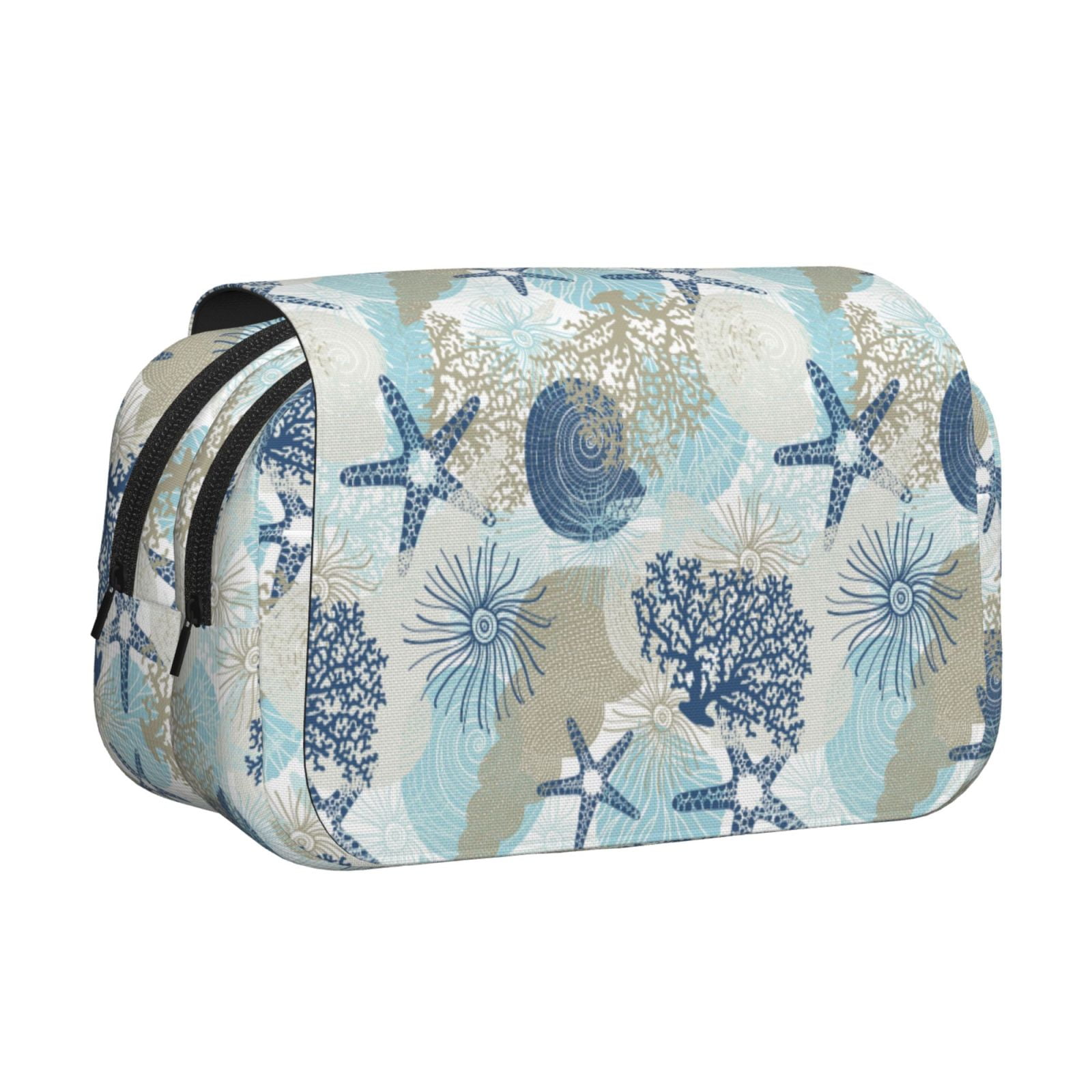 Rateoe Algae Corals and Seashells Pattern Double Clamshell Pen Case, Storage Organizer with Two Zipper Compartments– Holds Up to 50 Pencils & Pens
