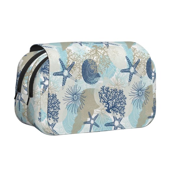 Rateoe Algae Corals and Seashells Pattern Double Clamshell Pen Case, Storage Organizer with Two Zipper Compartments Holds Up to 50 Pencils & Pens