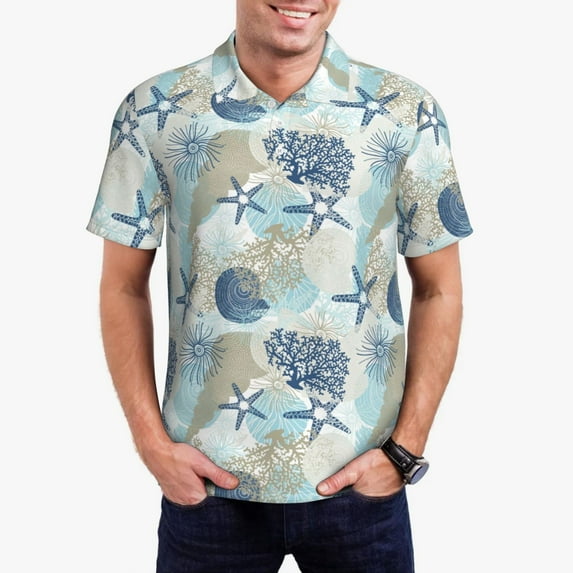 Rateoe Algae Corals and Seashells Pattern Men's Short Sleeve Polo Shirts, Golf Polo Shirts Short Sleeve Performance Moisture Wicking Dry-3X-Large