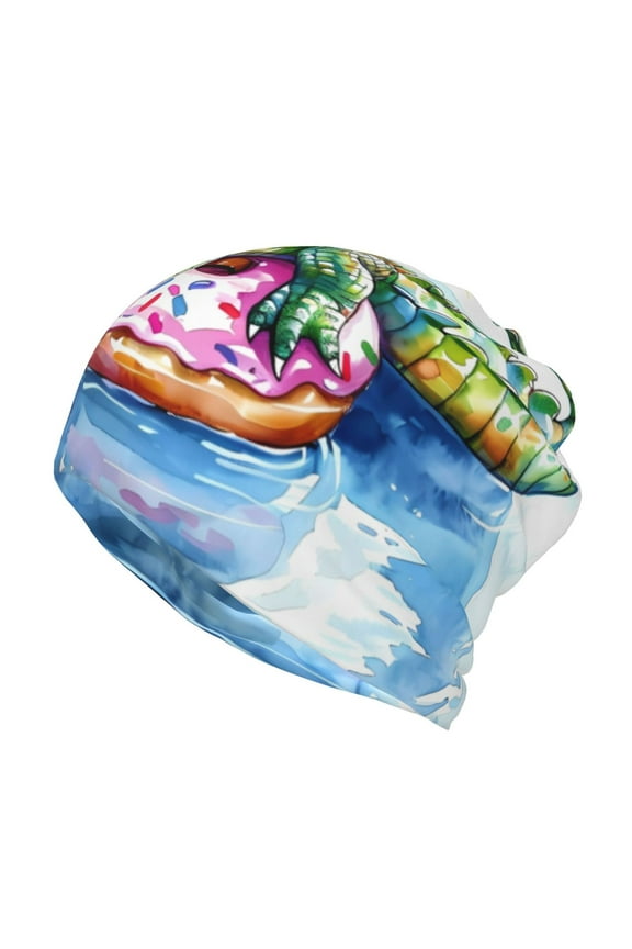 Alligator Donut Pool Float Cotton Slouchy Beanie Hat for Men/Women,Lightweight Oversize Large Thin Skull Cap Night Sleeping Cap