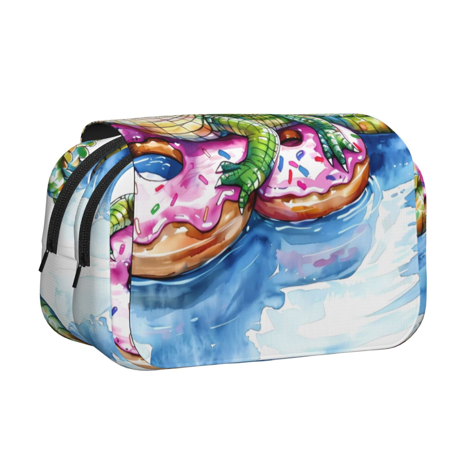 Rateoe Alligator Donut Pool Float Pattern Double Clamshell Pen Case, Storage Organizer with Two Zipper Compartments– Holds Up to 50 Pencils & Pens