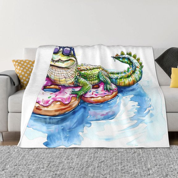 Rateoe Alligator Donut Pool Float Pattern Flannel Throw Blanket, Ultra-soft Blanket for Bed, Couch, Car, Hypoallergenic Anti-pilling blanket-