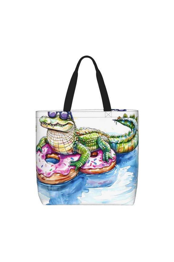 Alligator Donut Pool Float Print Lightweight Tote Bag for Women, Water-Resistant Shoulder Bag with Zipper, Spacious Casual Handbag for Work, School, Shopping