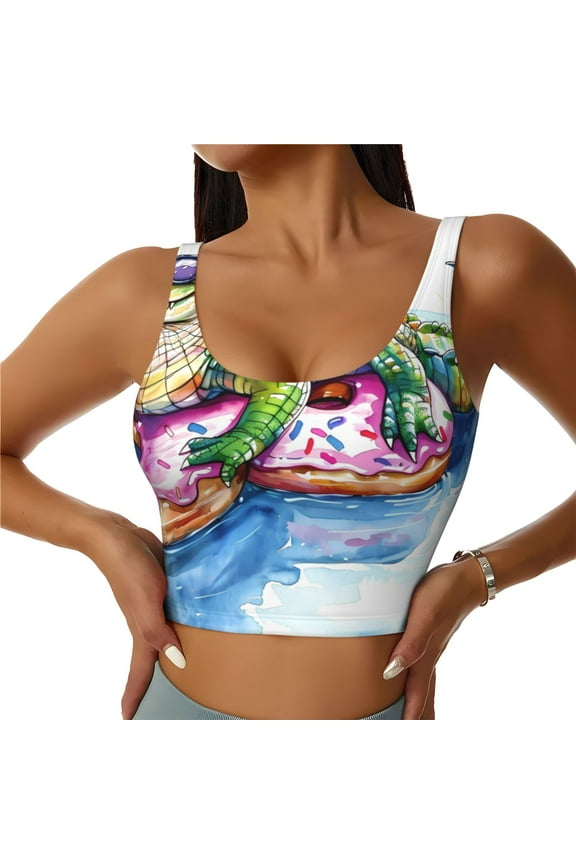Alligator Donut Pool Float Print Womens' Sports Bras Scoop Neck Sports Vest- Padded U Back Seamless High Impact Support-