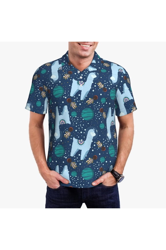 Alpaca Astronaut in Space Pattern Men's Short Sleeve Polo Shirts, Golf Polo Shirts Short Sleeve Performance Moisture Wicking Dry-4X-Large