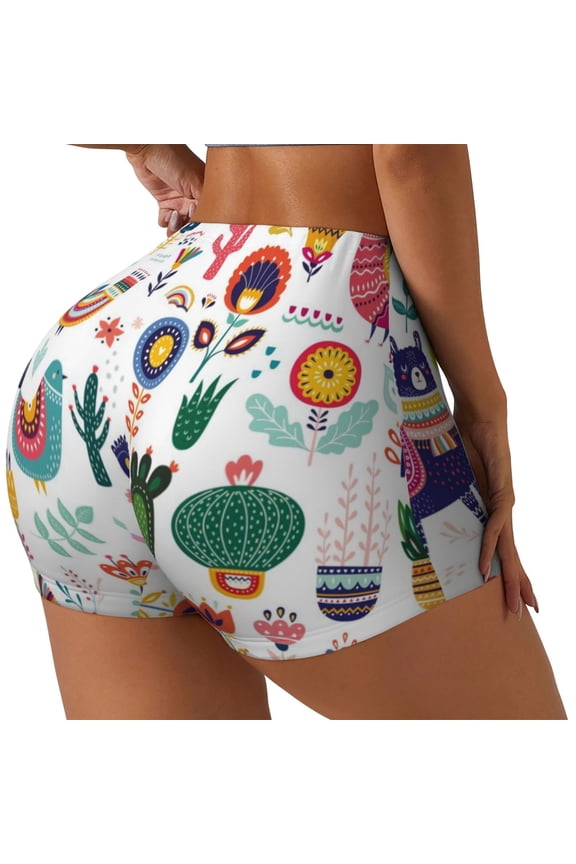 Alpaca Flower Printed Power Workout Shorts for Women Tummy Control Squat Proof Ribbed Thick Seamless Scrunch Active Short-Medium