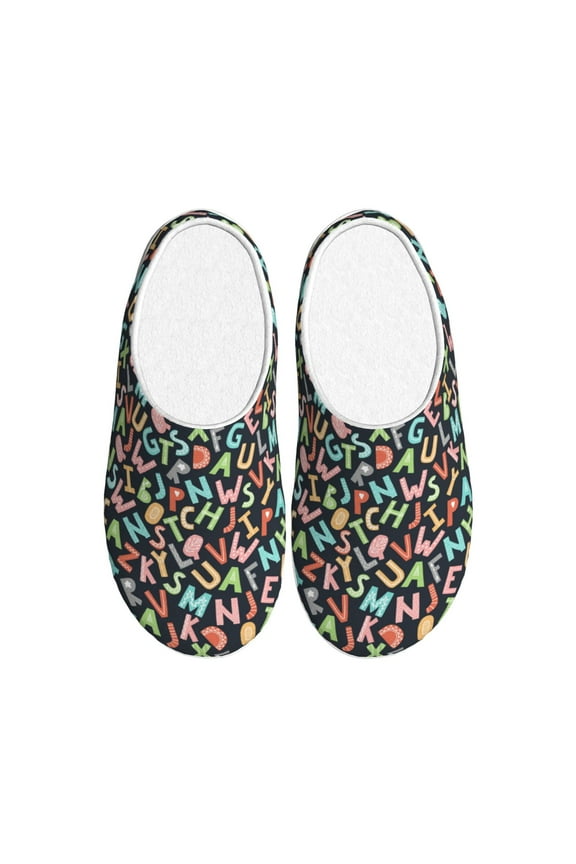 Alphabet Print Women's Men's Cotton Knit Slippers Lightweight Memory Foam Indoor House Shoes with Anti-Skid Sole-40/41