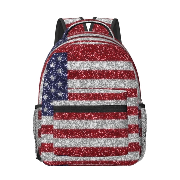 Rateoe America Flag Glitter Pattern Durable Student Backpack Laptop Bag- Ergonomic Design, Waterproof Twill Fabric - Ideal for School, Travel, and Outdoor Activities