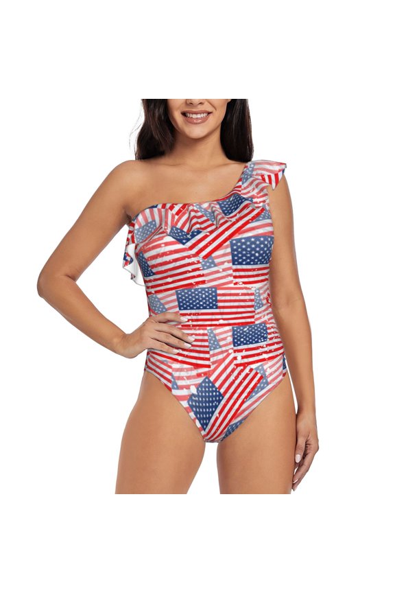 America Flags Pattern Women One Piece Swimsuits Tummy Control One Shoulder Bathing Suits Ruffle Swimwear-Medium