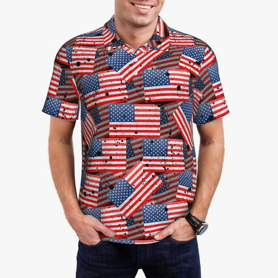 Rateoe America Flags1 Pattern Men's Short Sleeve Polo Shirts, Golf Polo Shirts Short Sleeve Performance Moisture Wicking Dry-3X-Large