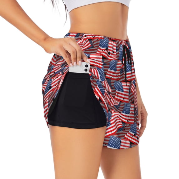 Rateoe America Flags1 Printed 2 in 1 Women's Workout Shorts for Athletic Gym Running Shorts with Phone Pockets-Small