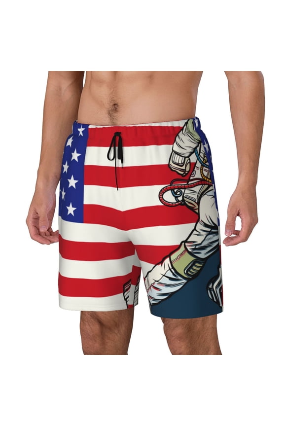 American Astronaut Runs Forward Pattern Men’s Swim Shorts with Compression Liner – Double-Layered Quick-Dry Swimwear, Comfortable & Stretchy Beach Shorts-Large