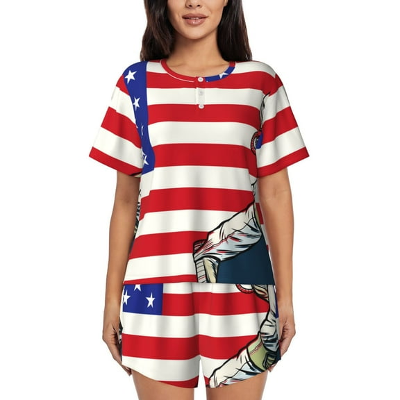 Rateoe American Astronaut Runs Forward Pattern Women's Short-Sleeved Pajama Set - 2 Piece Soft and Lightweight Sleepwear Set-Small