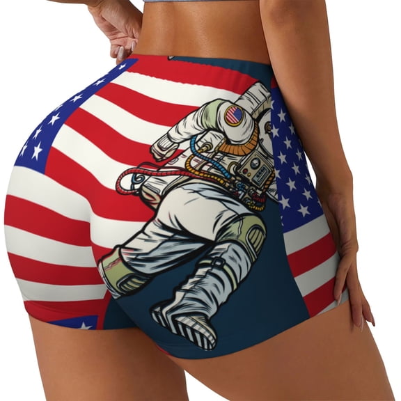 Rateoe American Astronaut Runs Forward Printed Power Workout Shorts for Women Tummy Control Squat Proof Ribbed Thick Seamless Scrunch Active Short-Large