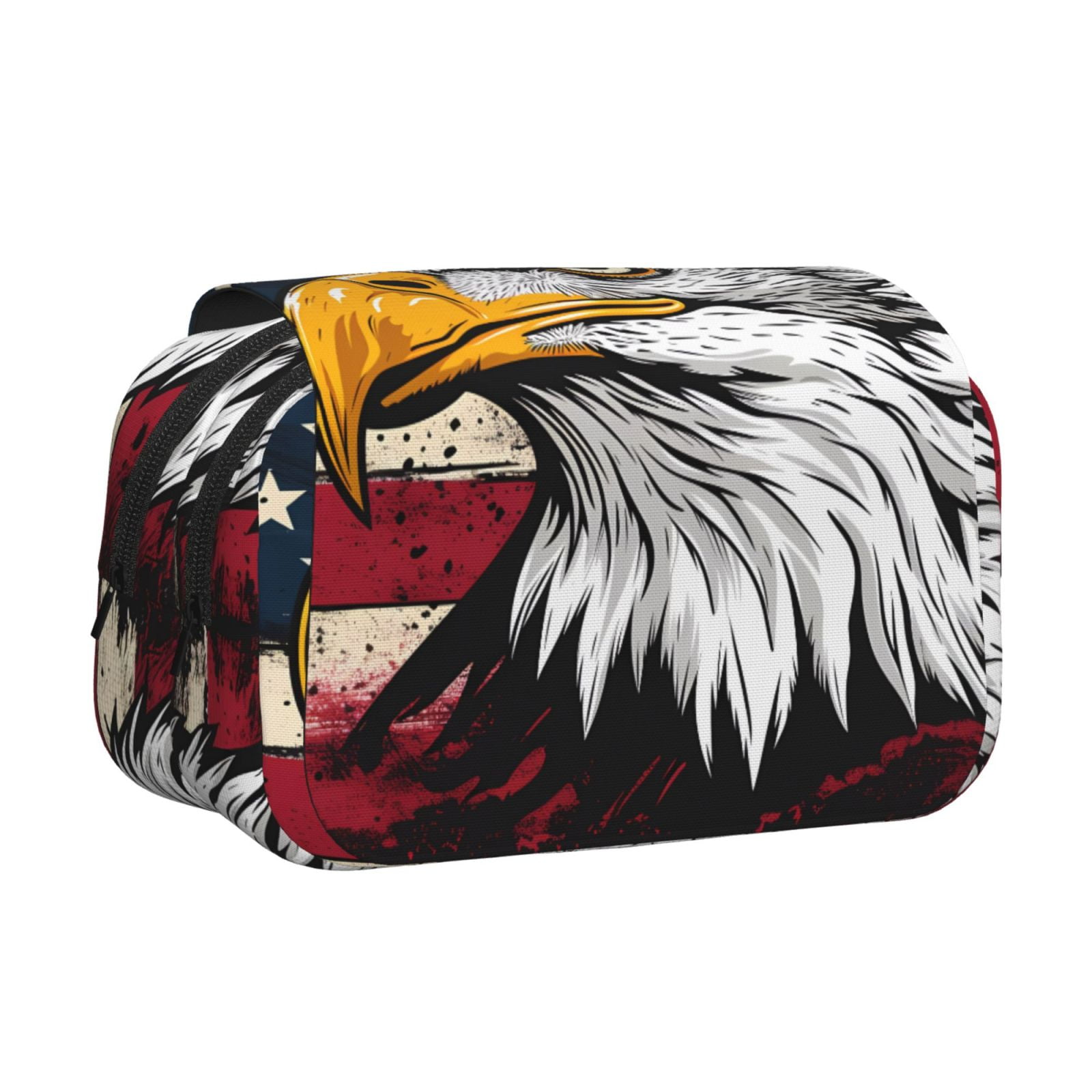 Rateoe American Bald Eagle Pattern Double Clamshell Pen Case, Storage Organizer with Two Zipper Compartments– Holds Up to 50 Pencils & Pens
