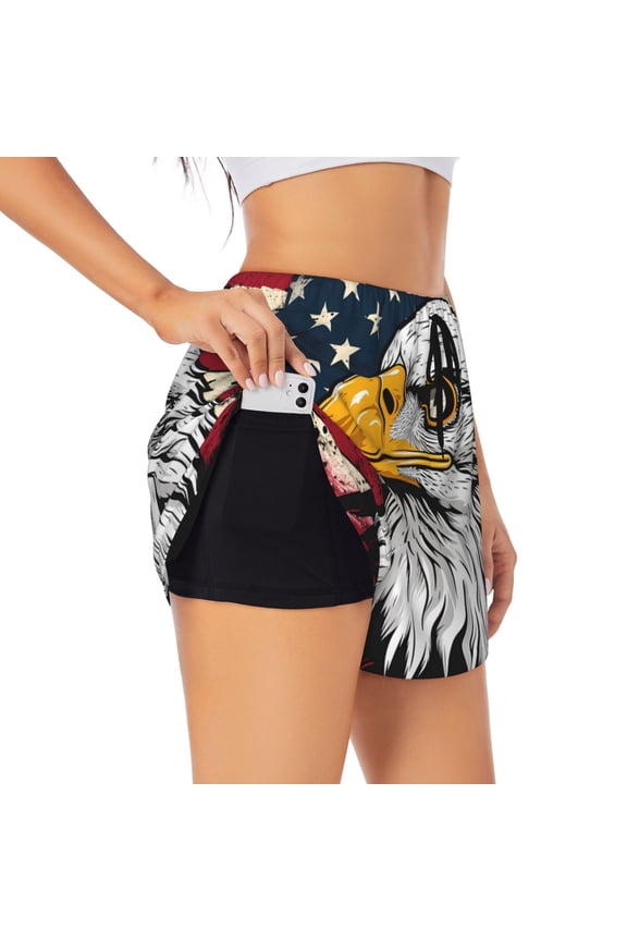 American Bald Eagle Printed 2 in 1 Women's Workout Shorts for Athletic Gym Running Shorts with Phone Pockets-