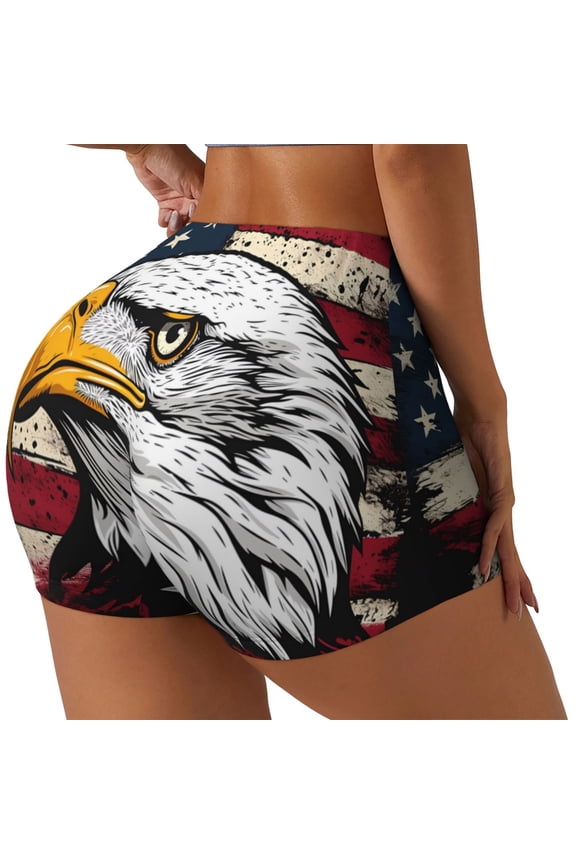 American Bald Eagle Printed Power Workout Shorts for Women Tummy Control Squat Proof Ribbed Thick Seamless Scrunch Active Short-Large