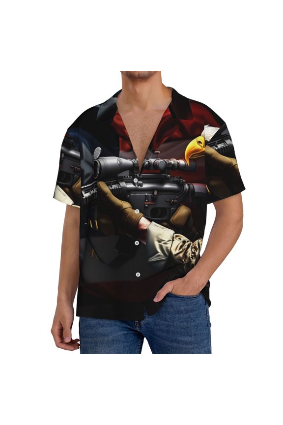 American Bald Eagle Warrior Pattern Men's Short Sleeve Classic Shirt, Casual Short-Sleeved Shirt, Lightweight Summer Shirt, Cuban Collar Shirt,Button-Front Shirt-Large
