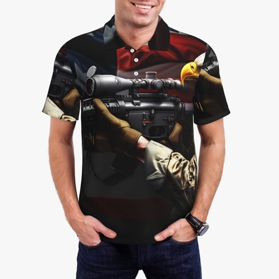 Rateoe American Bald Eagle Warrior Pattern Men's Short Sleeve Polo Shirts, Golf Polo Shirts Short Sleeve Performance Moisture Wicking Dry-X-Large