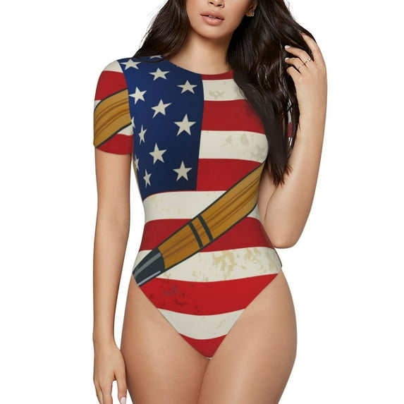 Rateoe American Flag And Baseball Printed Women Rash Guard Short Sleeve,Tummy control Swimsuit Surfing Swimsuit Bathing Suit Short-sleeved Onesie UPF 50+ -X-Large