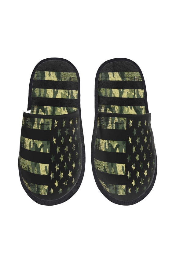 American Flag Camo Pattern Fuzzy Slippers Fuzzy Soft House Slippers Plush Furry Warm Cozy Open Toe Fluffy Home Shoes-Medium