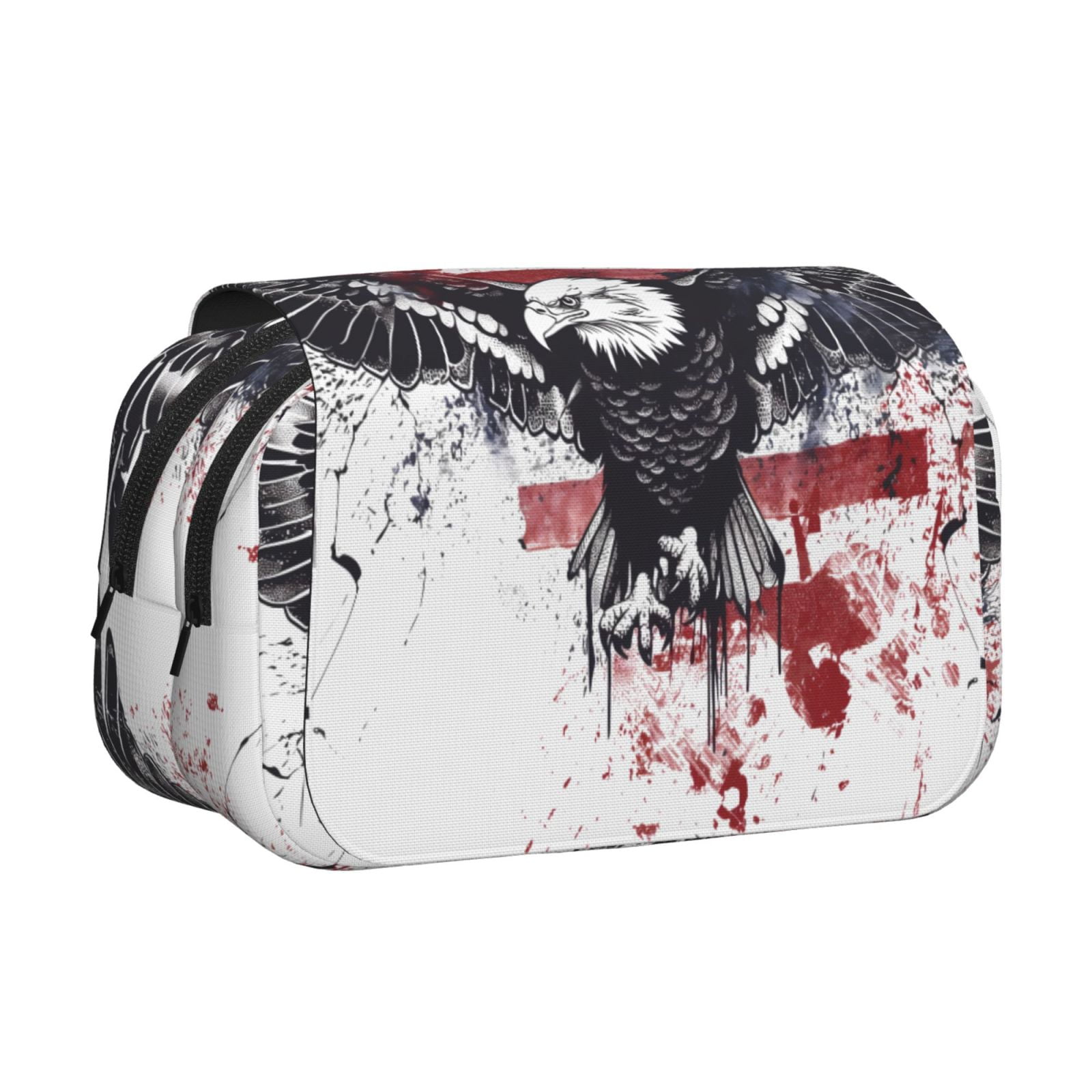 Rateoe American Flag Eagle Art Pattern Double Clamshell Pen Case, Storage Organizer with Two Zipper Compartments– Holds Up to 50 Pencils & Pens