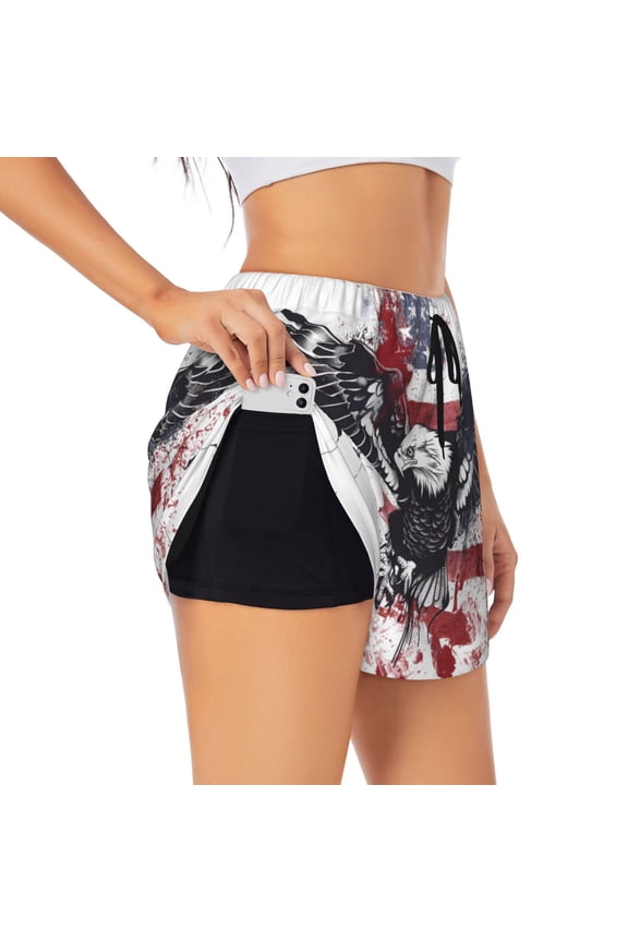 American Flag Eagle Art Printed 2 in 1 Women's Workout Shorts for Athletic Gym Running Shorts with Phone Pockets-