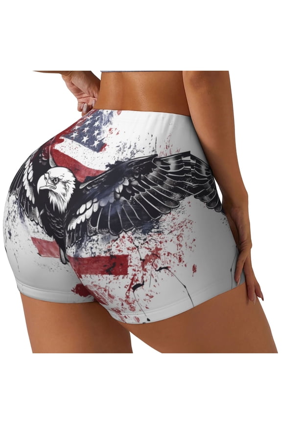 American Flag Eagle Art Printed Power Workout Shorts for Women Tummy Control Squat Proof Ribbed Thick Seamless Scrunch Active Short-Large
