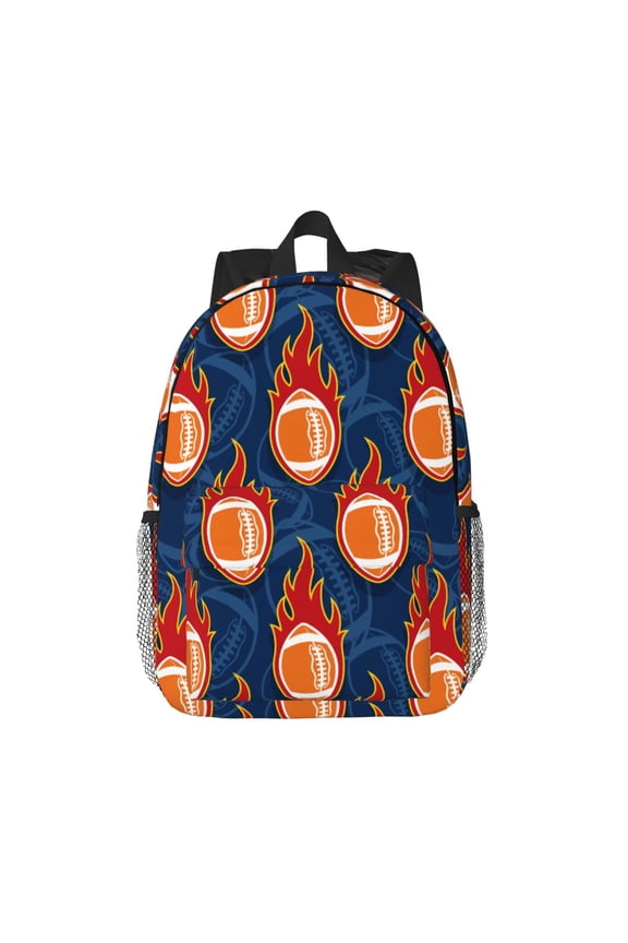 American Football and Fire Flames Pattern Student Backpack Water-resistant Backpack 15-inch Laptop Backpack Lightweight Adjustable School Backpack