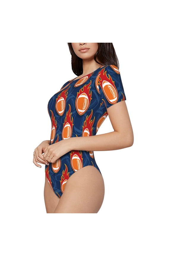 American Football and Fire Flames Printed Women Rash Guard Short Sleeve,Tummy control Swimsuit Surfing Swimsuit Bathing Suit Short-sleeved Onesie UPF 50+