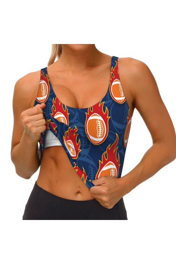 American Football and Fire Flames Print Womens' Sports Bras Scoop Neck Sports Vest- Padded U Back Seamless High Impact Support